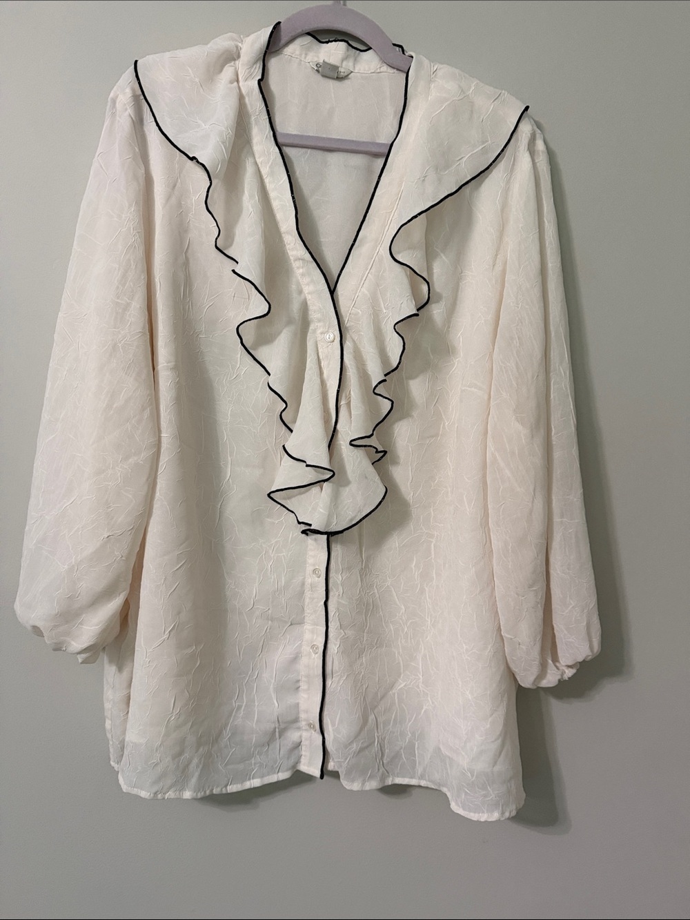 Cato Cream Ruffle-Trim Button Front Blouse with Black Piping